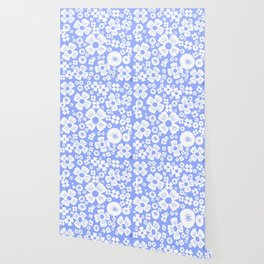 Modern Retro Light Denim Blue and White Daisy Flowers Wallpaper