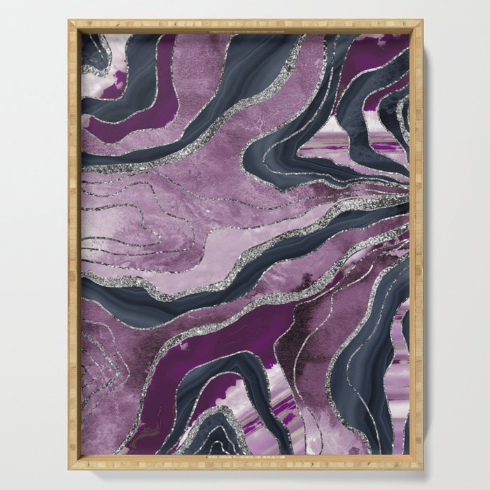 Navy Blue Pink Marble Agate Silver Glitter Glam #1 (Faux Glitter) #decor #art #society6 Serving Tray
