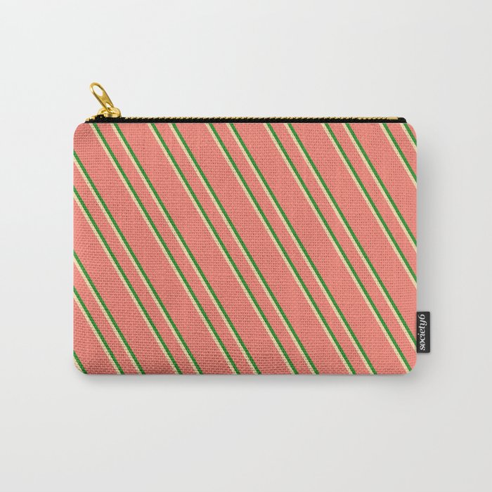 Salmon, Forest Green & Tan Colored Stripes Pattern Carry-All Pouch