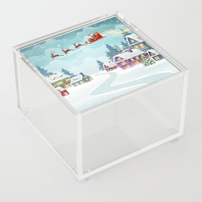 Santa and Reindeer on Christmas Background. Winter Christmas scene with snow covered houses and pine forest. Holiday vintage Background Acrylic Box