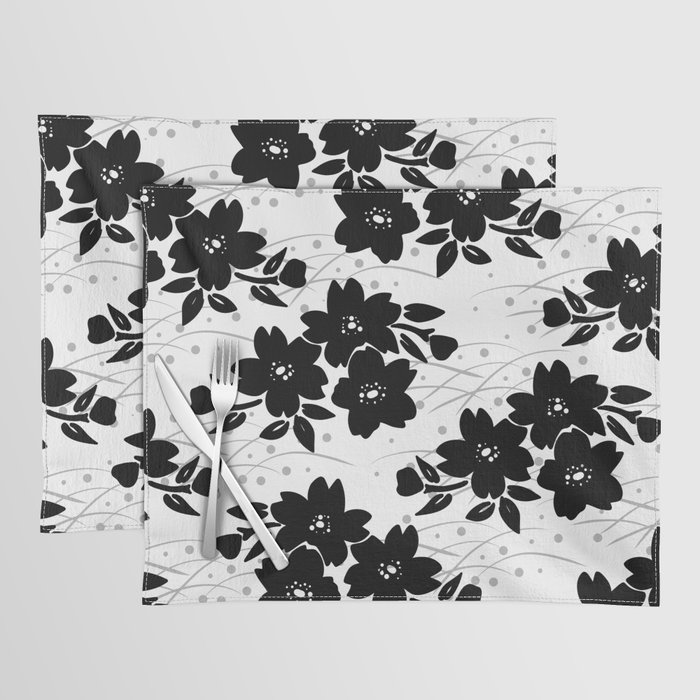 Monotone black and white Japanese Sakura Branch pattern Placemat