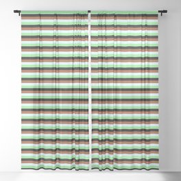 [ Thumbnail: Sienna, Light Cyan, Light Green & Black Colored Lined Pattern Sheer Curtain ]