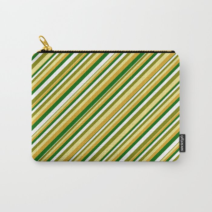 Vibrant Green, Tan, Goldenrod, Dark Green & White Colored Pattern of Stripes Carry-All Pouch