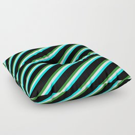 [ Thumbnail: Forest Green, Mint Cream, Cyan & Black Colored Striped Pattern Floor Pillow ]