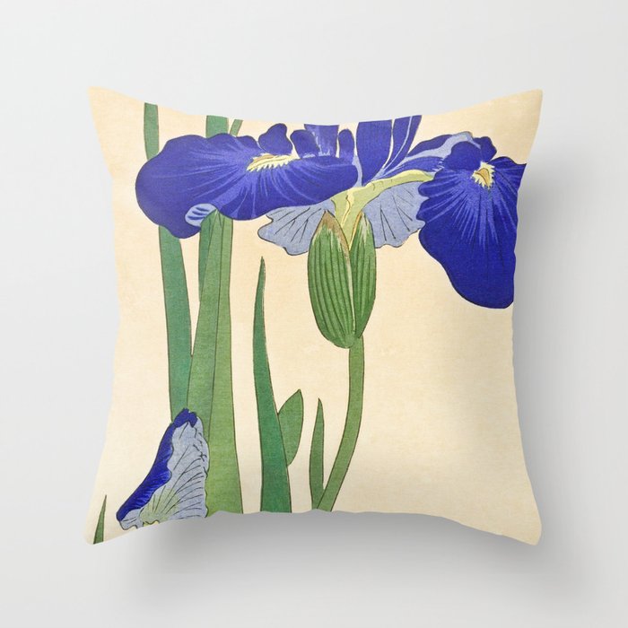 Blue Iris flower - Vintage Japanese Woodblock Print Throw Pillow