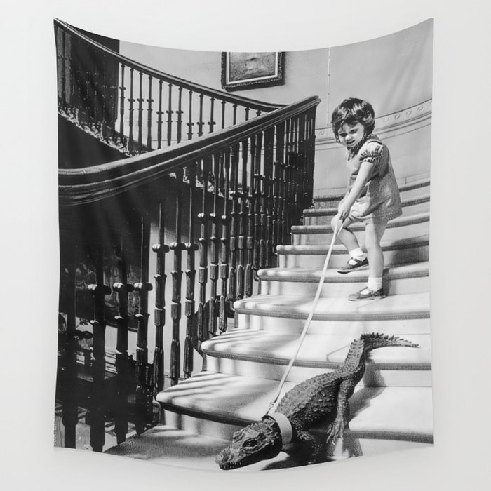 Girl Walking Baby Alligator, Black and White, Vintage Art Wall Tapestry