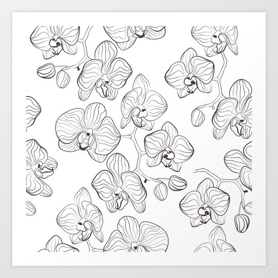 The White Orchid. Black and white pattern . Art Print