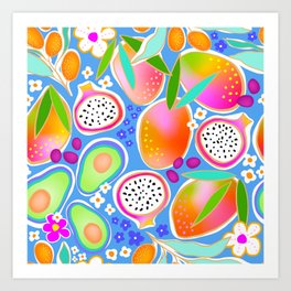 Tropical Fruit Cocktail pattern on Azure Blue Art Print