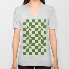 Flowers on Checkered Pattern in Green V Neck T Shirt