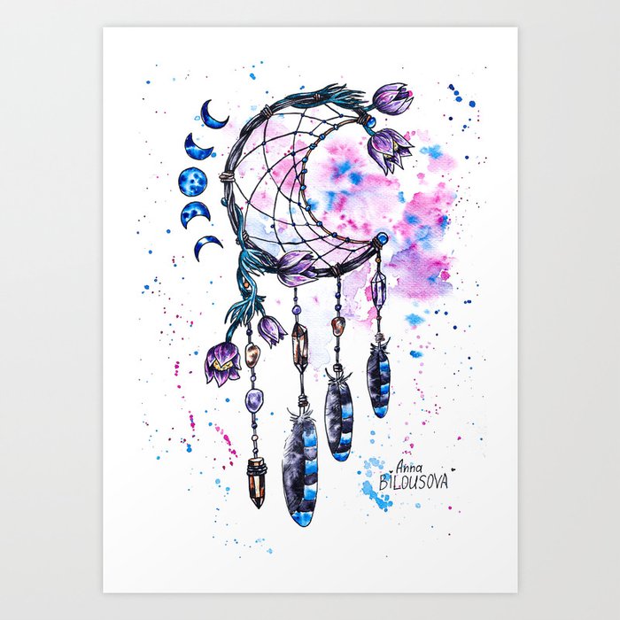 Dreamcatcher, Watercolor ink painting, amethyst rauchtopaz  crystal,pasque-flower,moon phases, flowers magic illustration,witch decor  Art Print