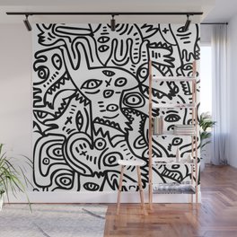 Hand Drawing Graffiti Creatures in the Summer Afternoon Black and White Wall Mural