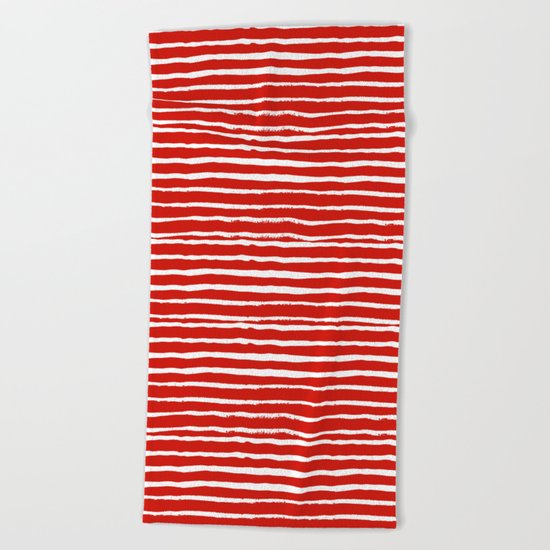 Minimal Christmas red and white holiday pattern stripes candy cane stripe pattern Beach Towel