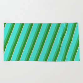 [ Thumbnail: Turquoise, Sea Green, Forest Green, and Light Pink Colored Pattern of Stripes Beach Towel ]