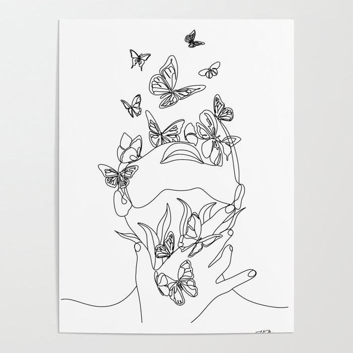 Woman face with butterfly. Line art female hands with butterflies. Abstract face with butterfly by one line drawing. Portrait minimalistic style. Botanical print. Nature symbol of cosmetics.  Poster