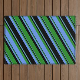 [ Thumbnail: Forest Green, Cornflower Blue & Black Colored Lines Pattern Outdoor Rug ]