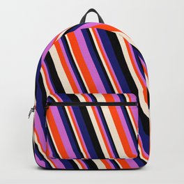 [ Thumbnail: Vibrant Midnight Blue, Orchid, Red, Beige & Black Colored Striped/Lined Pattern Backpack ]