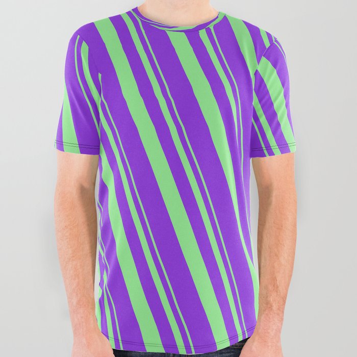 Light Green and Purple Colored Lines Pattern All Over Graphic Tee