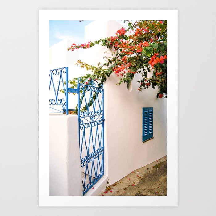 White house with bouganville and blue window - Mediterranean islands - Stromboli, Aeolian islands, Sicily, Italy - Travel Fina Art Photography Art Print