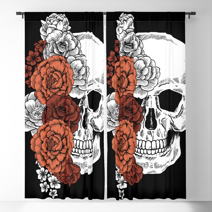 Skulls + Flowers Horror Gothic Orange White Black Blackout Curtain