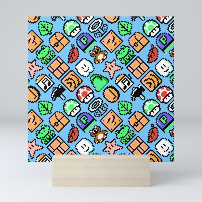 Super Mario Bros 3 Nes Items Pattern With Blue Sky Background Mini Art Print By Danteasano