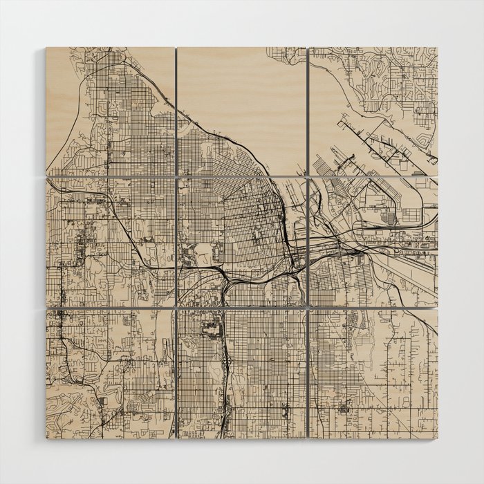 Tacoma, USA - City Map in Black and White - Aesthetic Wood Wall Art
