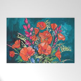 California Poppy and Wildflower Bouquet on Emerald with Tigers Still Life Painting Welcome Mat