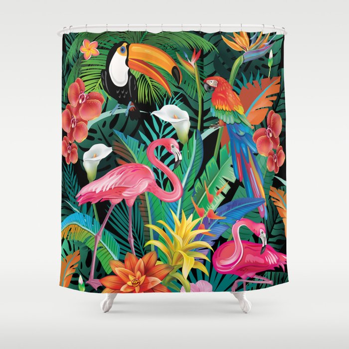 Tropical flowers and birds Shower Curtain