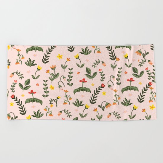 Bright Pink Floral Garden Beach Towel