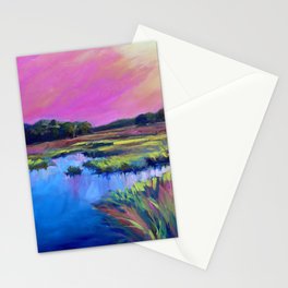 Pink Sunset Marsh Oil Painting by Katie Wall Art Stationery Card