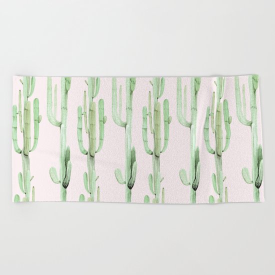 Green and Coral Pink Cactus Stack Pattern Beach Towel