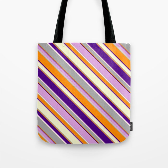 Colorful Light Yellow, Dark Gray, Dark Orange, Indigo & Plum Colored Lines/Stripes Pattern Tote Bag
