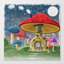 Whimsical fairy house on a mushroom surrounded by a forest of toadstools Canvas Print