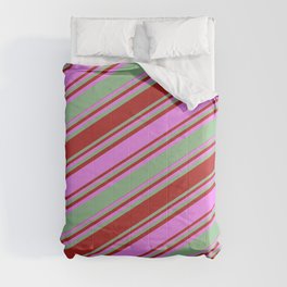 [ Thumbnail: Dark Sea Green, Red, and Violet Colored Stripes Pattern Comforter ]
