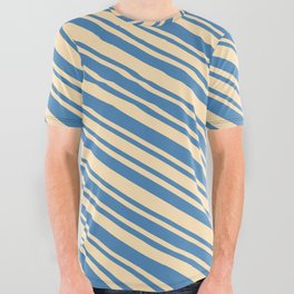 [ Thumbnail: Blue and Beige Colored Stripes/Lines Pattern All Over Graphic Tee ]