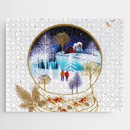 Gold Winter Eve Couple Snowglobe Forest Home Jigsaw Puzzle