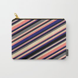 [ Thumbnail: Vibrant Black, Dim Gray, Tan, Salmon & Midnight Blue Colored Stripes Pattern Carry-All Pouch ]