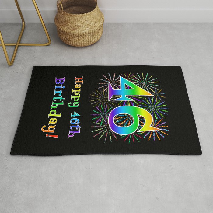 46th Birthday - Fun Rainbow Spectrum Gradient Pattern Text, Bursting Fireworks Inspired Background Rug