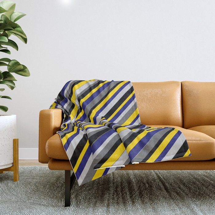 Vibrant Light Gray, Dim Gray, Black, Yellow, and Midnight Blue Colored Stripes Pattern Throw Blanket