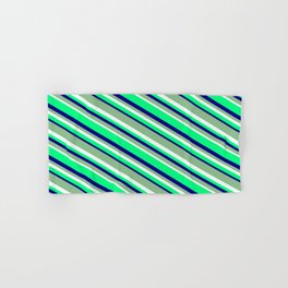 [ Thumbnail: Dark Sea Green, Mint Cream, Green, and Blue Colored Striped Pattern Hand & Bath Towel ]
