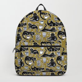 Black Cats & Coffee on Mustard  Backpack | Kittens, Coffee, Handpainted, Pattern, Painting, Gouachepainting, Blackcoffee, Cat, Tigatiga, Blackcatpattern 