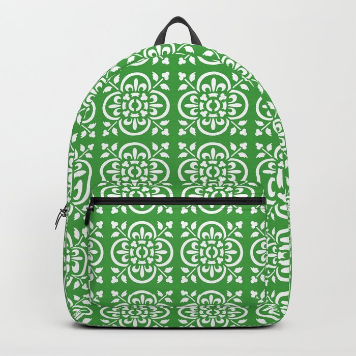 Art Deco Style Fleur De Lis Pattern White On Green Backpack