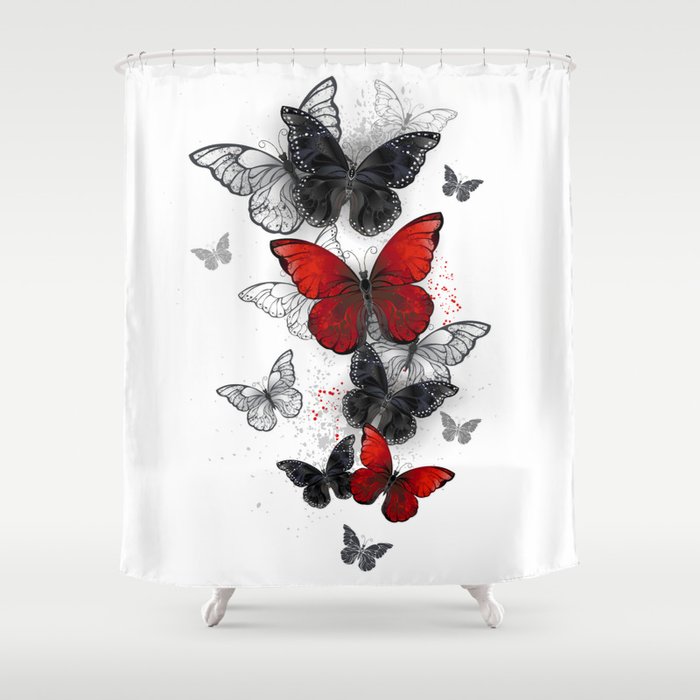 Flying Black and Red Morpho Butterflies Shower Curtain