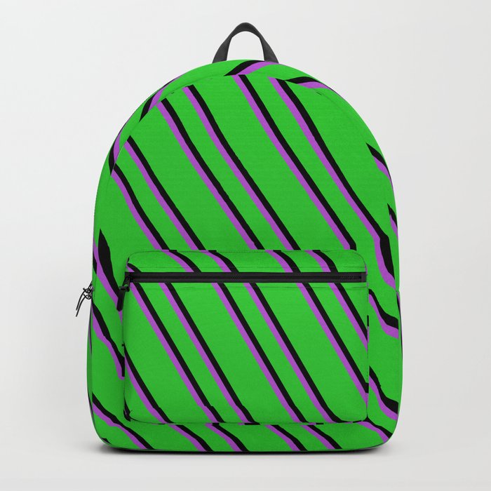 Lime Green, Black, and Orchid Colored Stripes Pattern Backpack