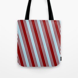[ Thumbnail: Dark Red & Light Blue Colored Striped Pattern Tote Bag ]