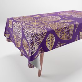 Floral Gold Five Petal Flower Mandala and Leaves Pattern on Purple Ombre Tablecloth