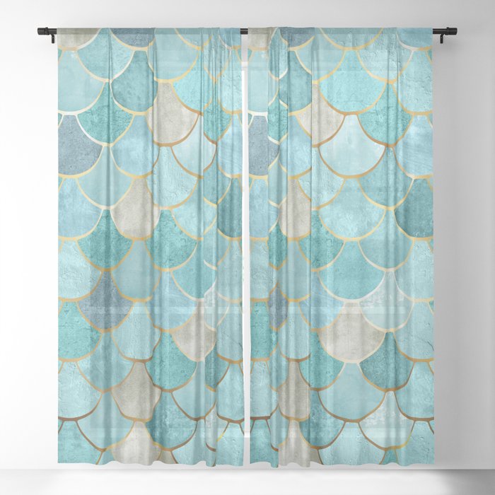 Moroccan Mermaid Fish Scale Pattern Aqua Teal Sheer Curtain By