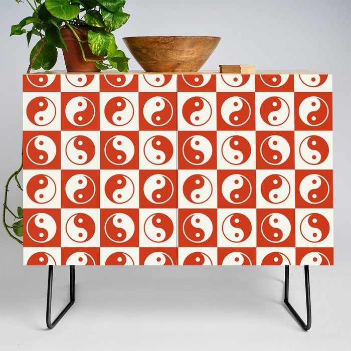 Checkered Yin Yang Pattern (Light Beige + Cherry Red Color Palette) Credenza
