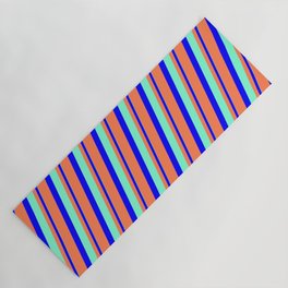 [ Thumbnail: Coral, Blue & Aquamarine Colored Striped/Lined Pattern Yoga Mat ]