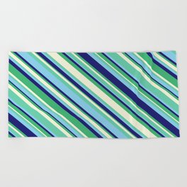 [ Thumbnail: Eyecatching Aquamarine, Sky Blue, Midnight Blue, Sea Green & Beige Colored Striped/Lined Pattern Beach Towel ]