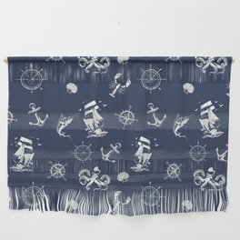 Navy Blue And White Silhouettes Of Vintage Nautical Pattern Wall Hanging